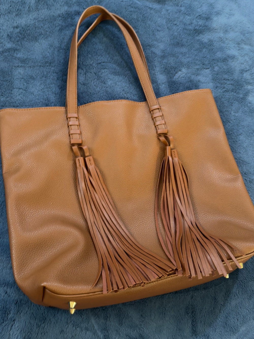 Tassel Detail Leather Tote in Cognac